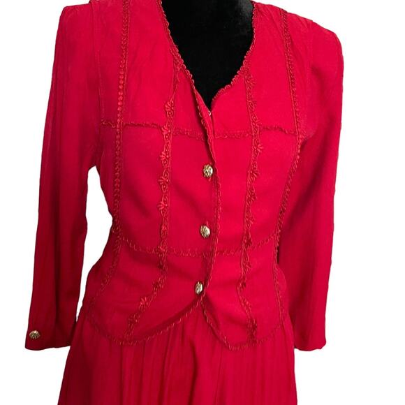 S.L. Petites Midi Long Sleeve Dress Women's 8 Red Jacket Tie Back Modest Vintage - Picture 3 of 15